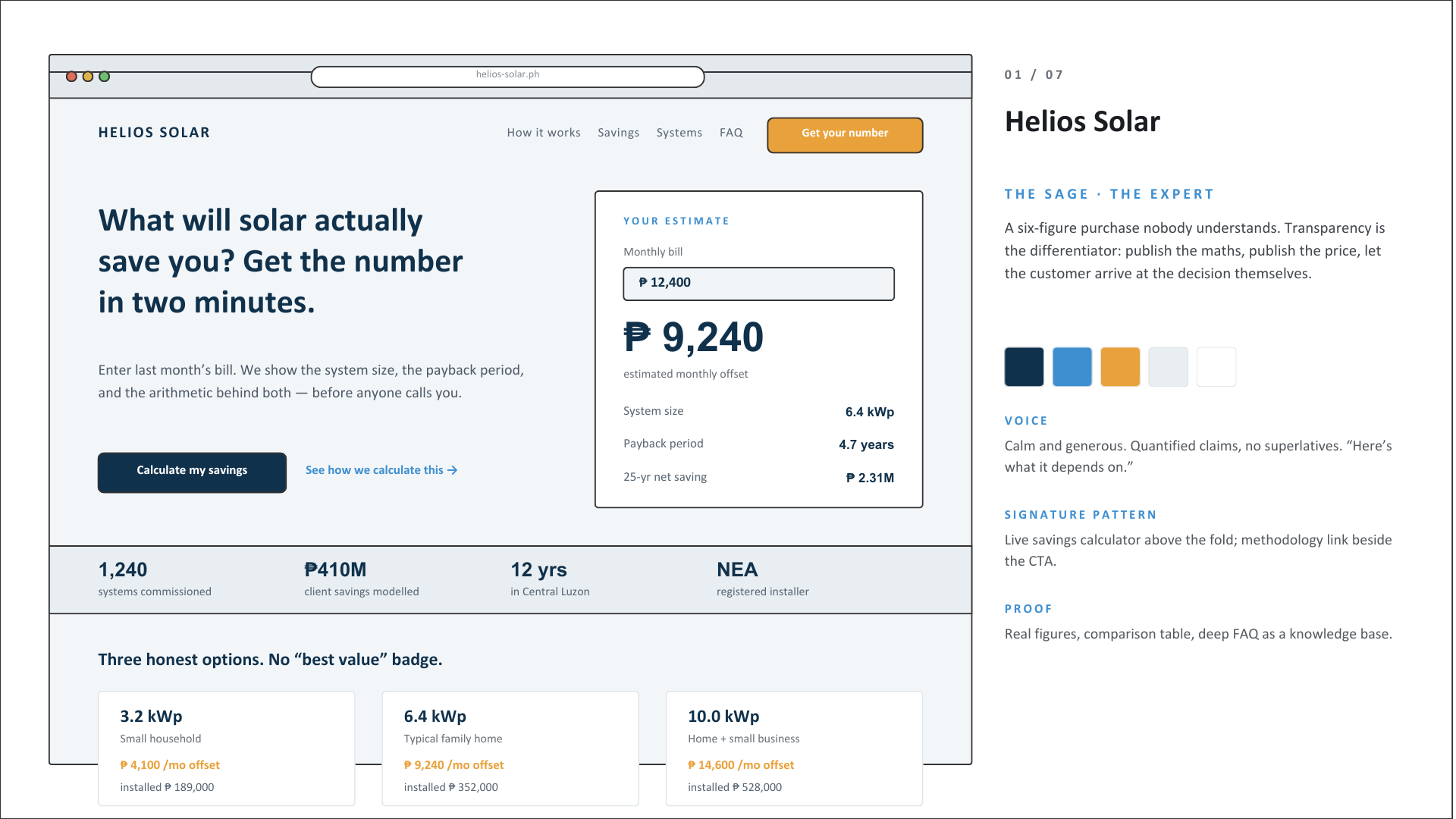 Helios Solar — concept homepage in the The Sage · Expert archetype, a solar installer