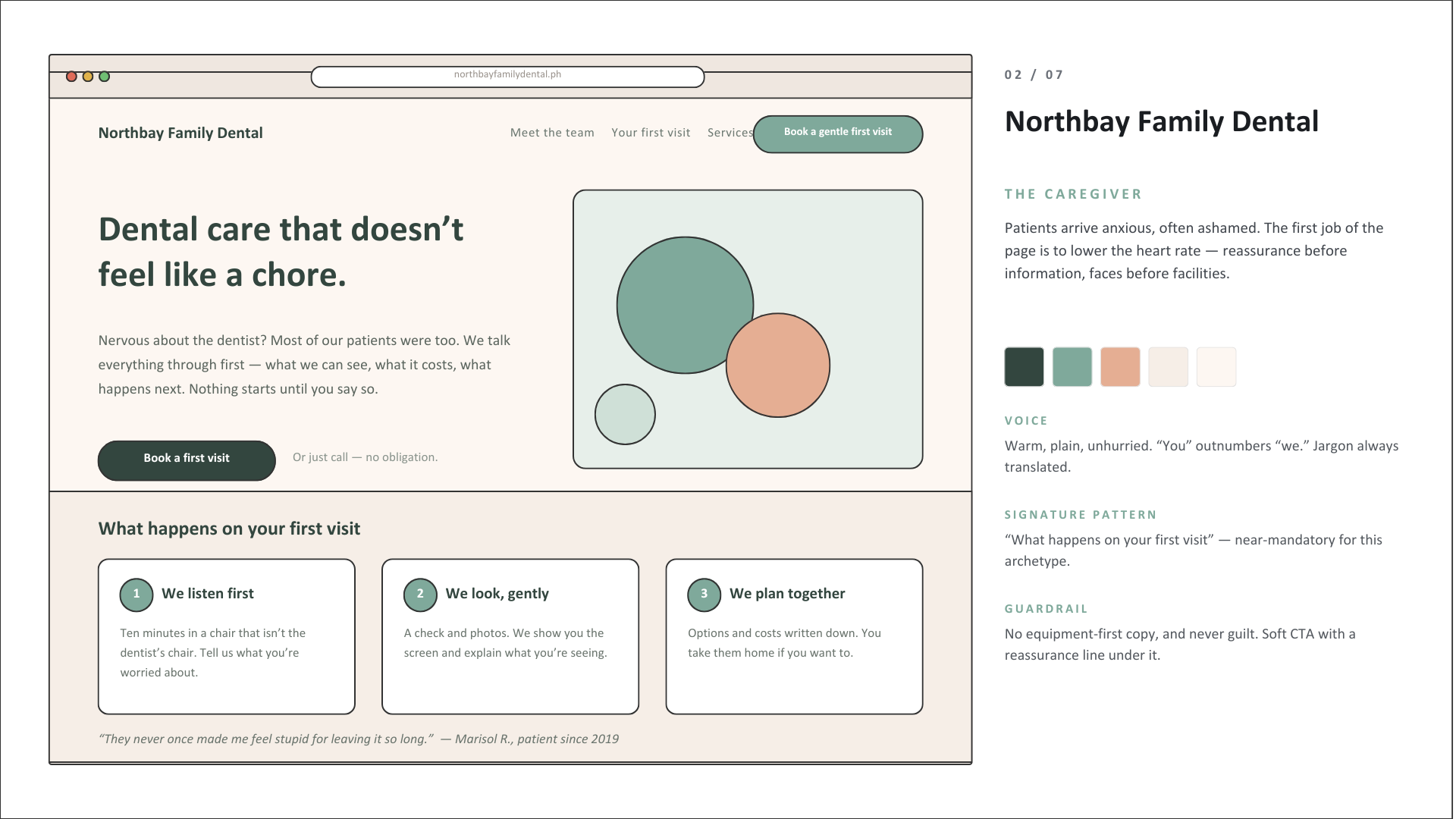 Northbay Family Dental — concept homepage in the The Caregiver archetype, a dental clinic