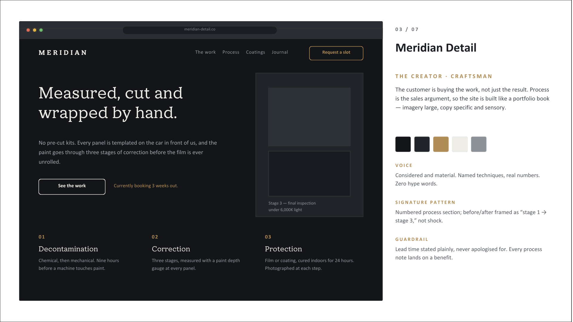 Meridian Detail — concept homepage in the The Creator · Craftsman archetype, a auto detailing