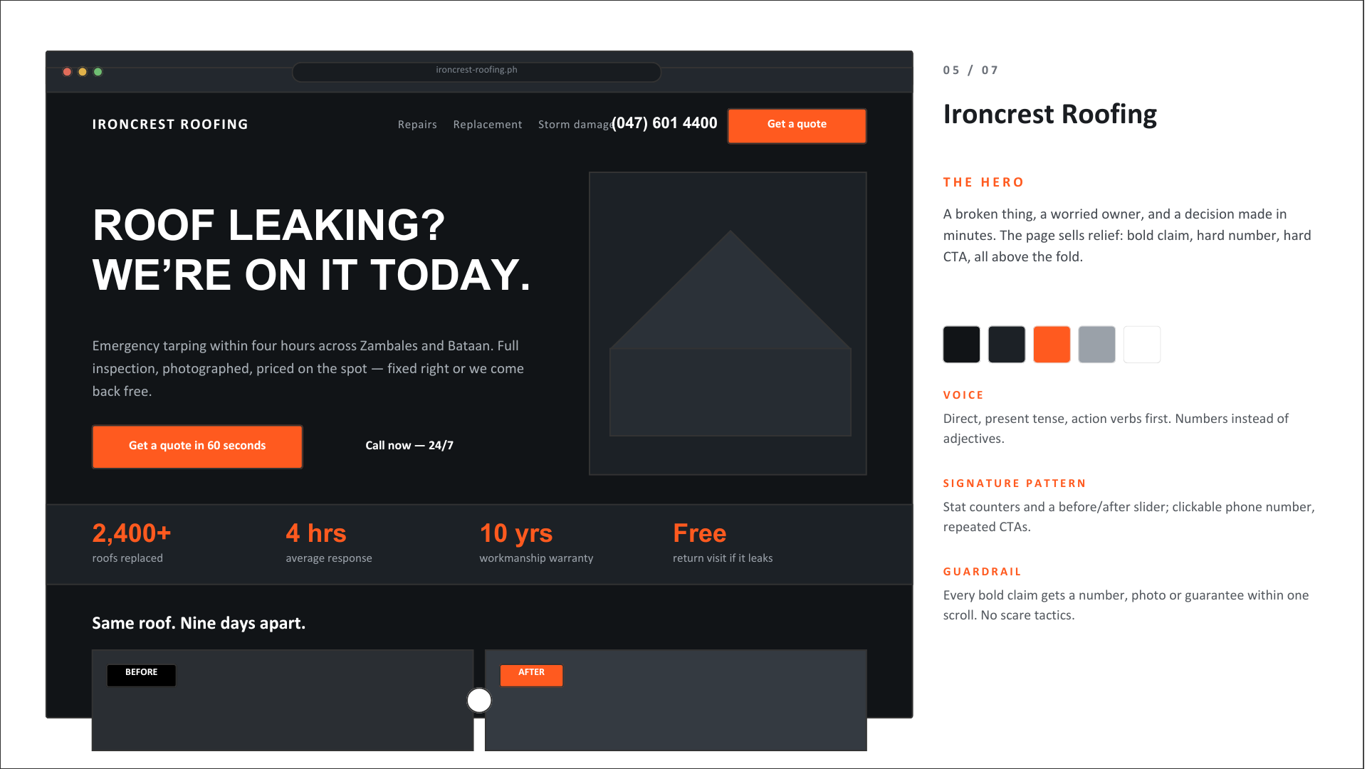 Ironcrest Roofing — concept homepage in the The Hero archetype, a roofing