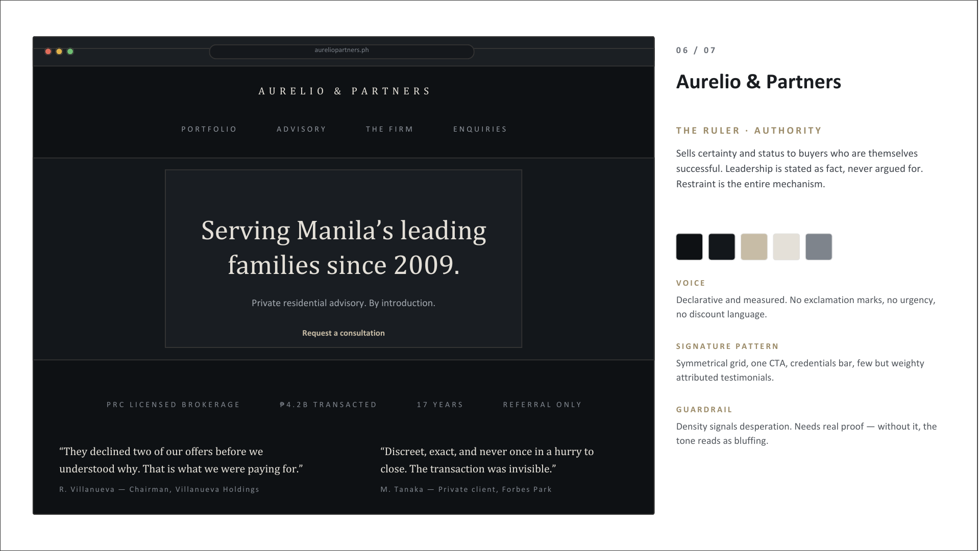 Aurelio & Partners — concept homepage in the The Ruler · Authority archetype, a real estate broker