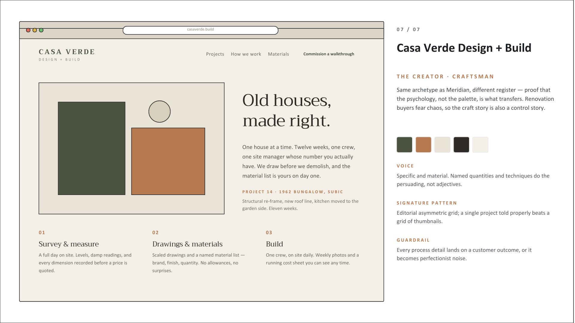 Casa Verde Design + Build — concept homepage in the The Creator · Craftsman archetype, a renovations